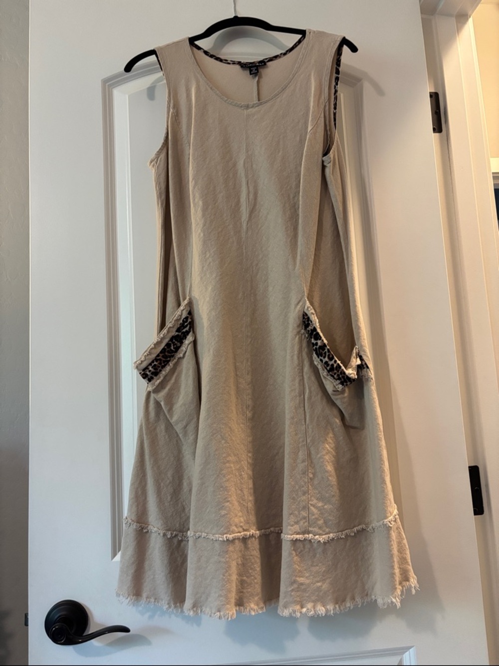 Roz & Ali Beige Midi Dress with Leopard-Trim Pockets